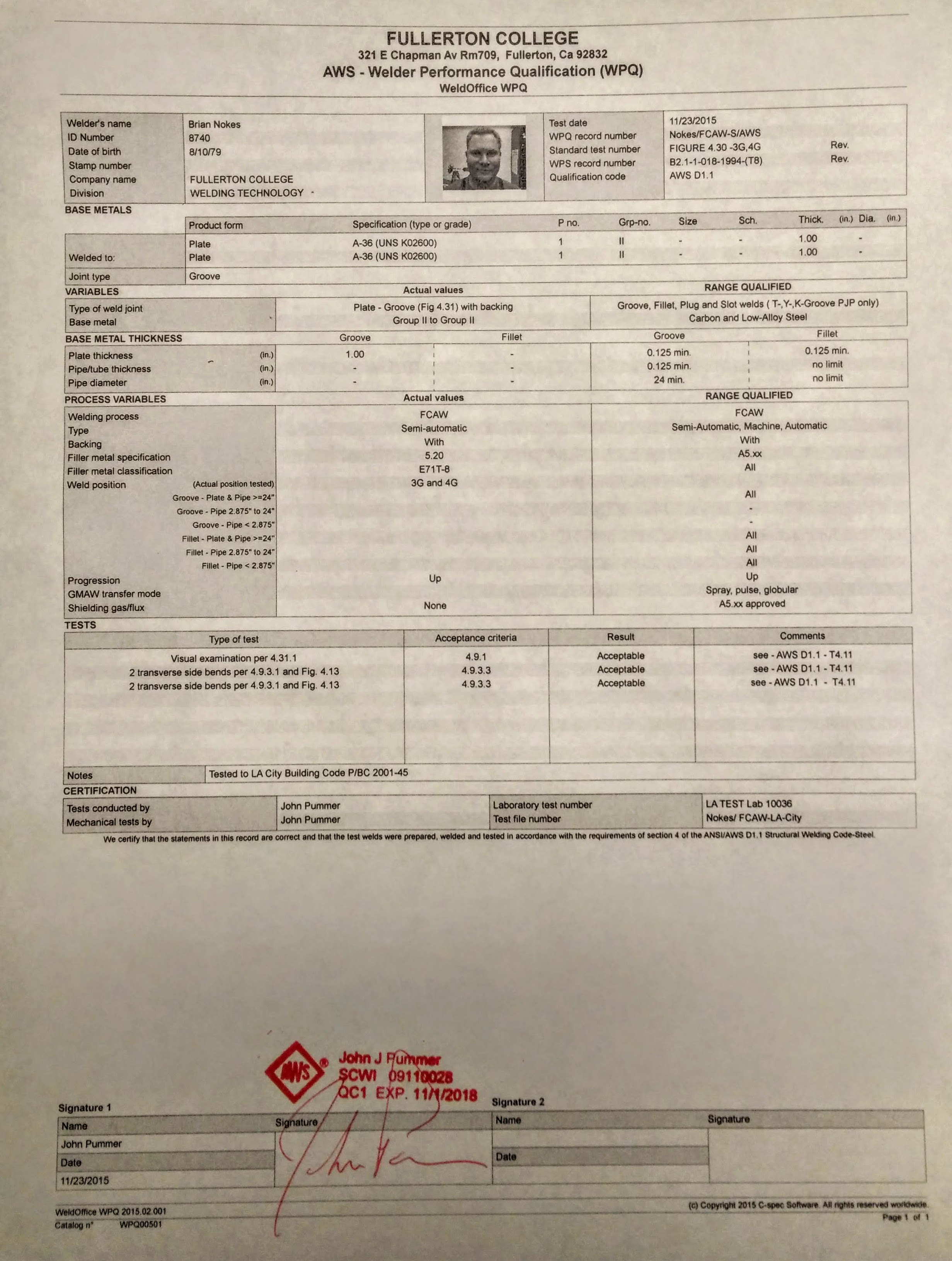 Cert_BrianNokes Fullerton College AWS Welder Performance Qualification FCAW 3G 4G - 2