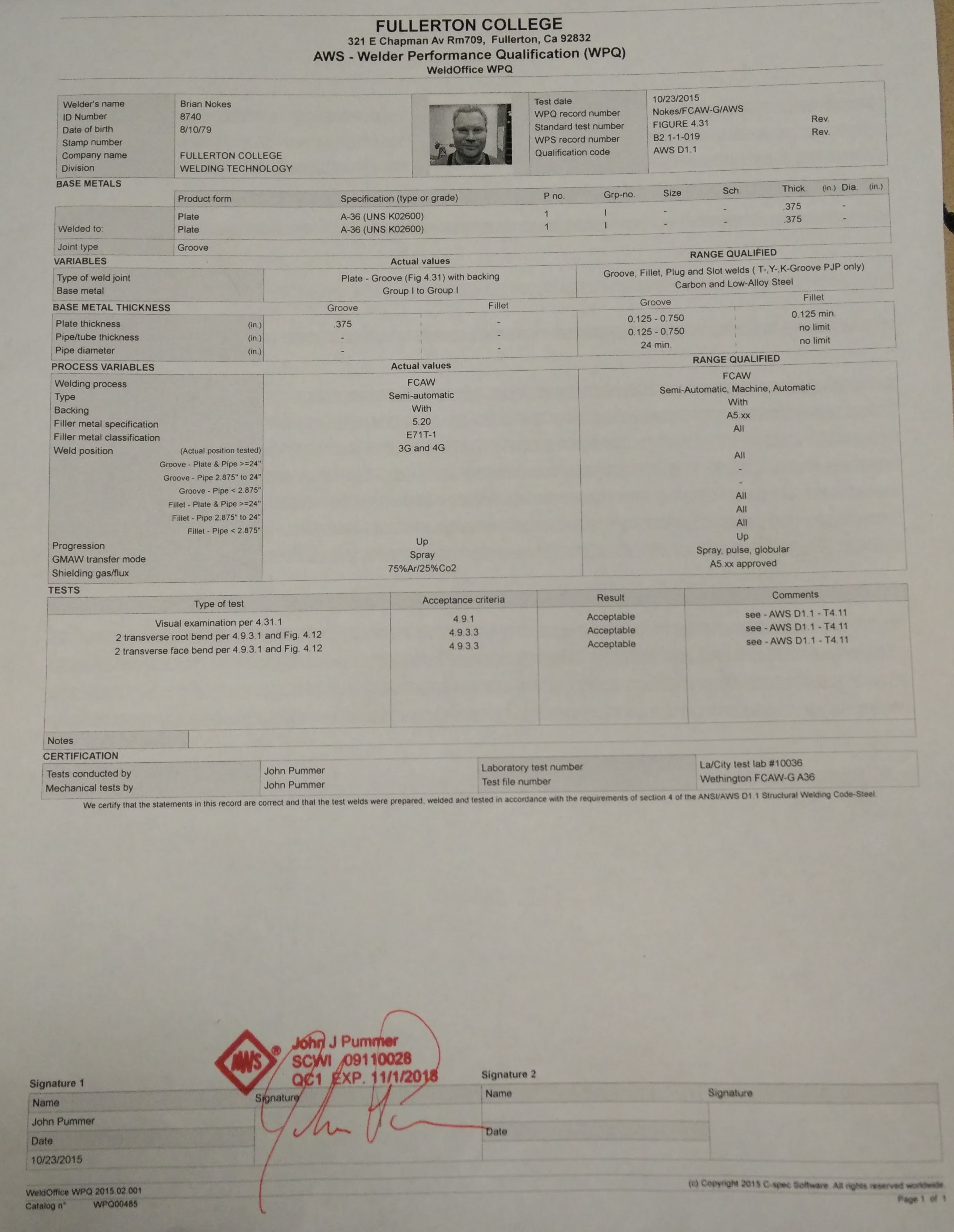 Cert_BrianNokes Fullerton College AWS Welder Performance Qualification FCAW 3G 4G