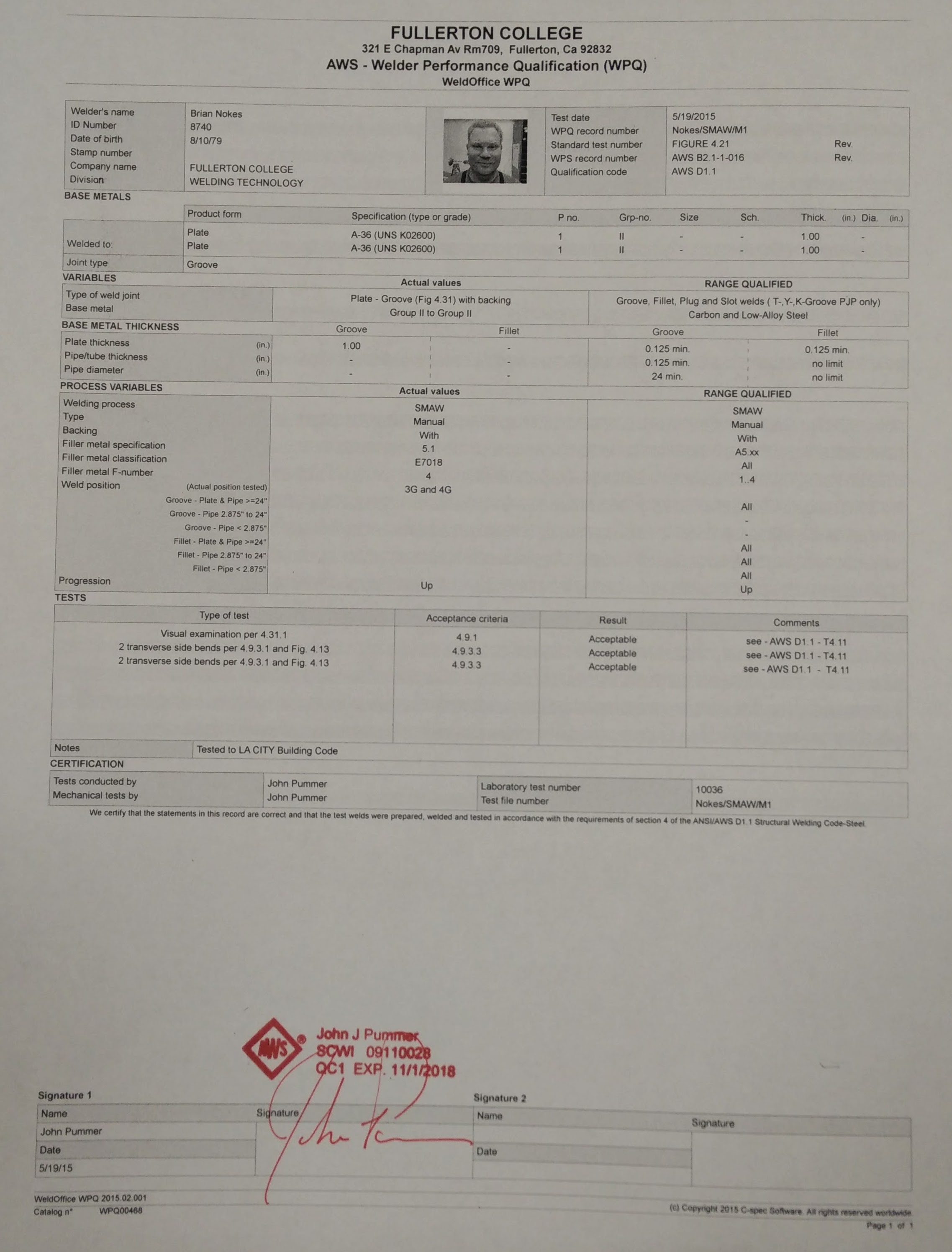 Cert_BrianNokes Fullerton College AWS Welder Performance Qualification SMAW 3G 4G