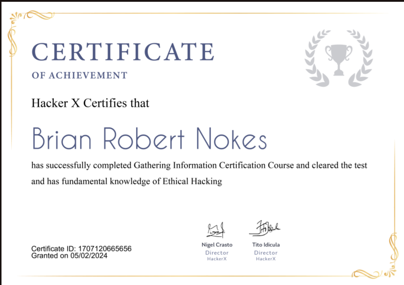 Cert_BrianNokes HackerX Gathering Information Certification Course