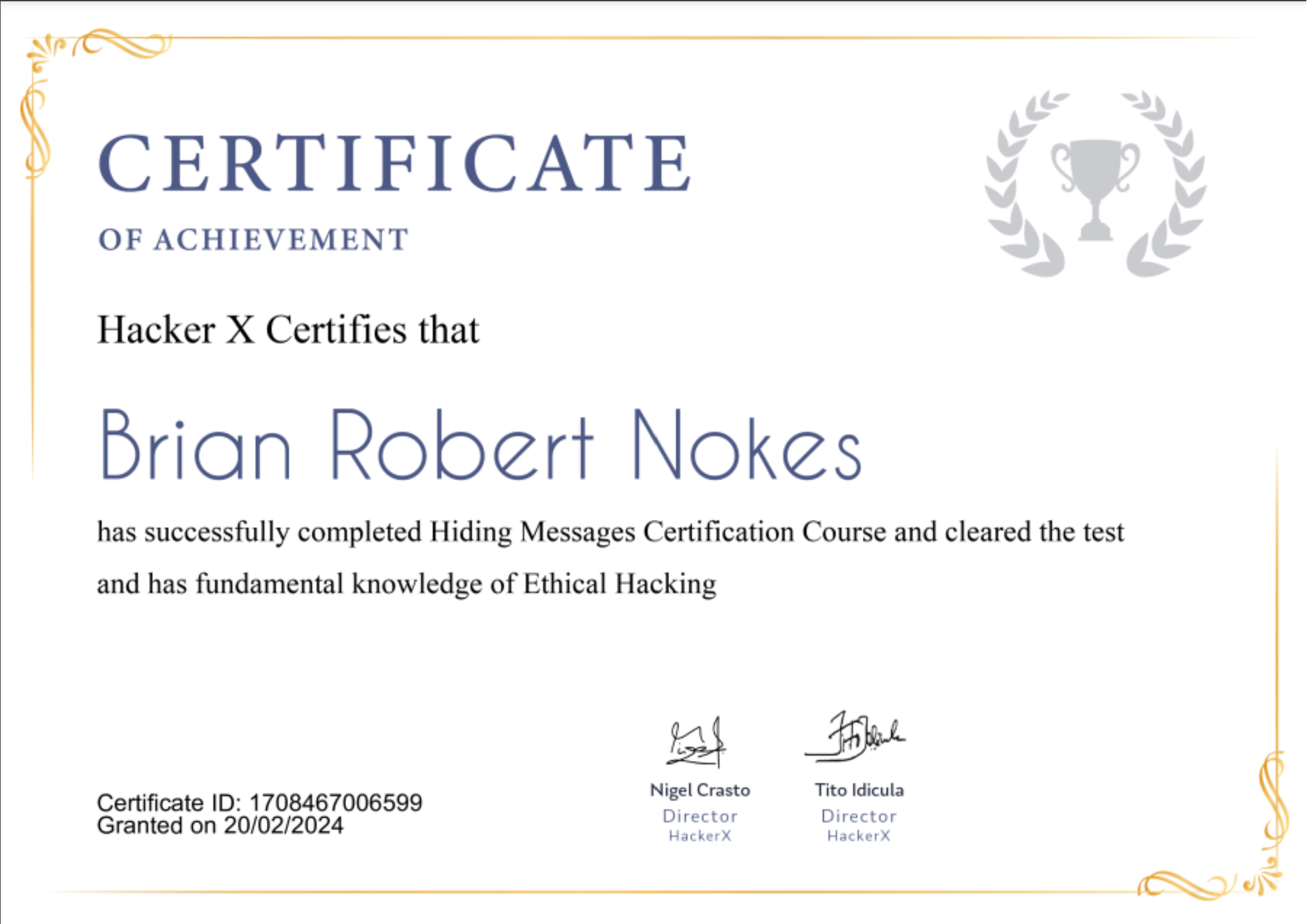 Cert_BrianNokes HackerX Hiding Messages Certification Course