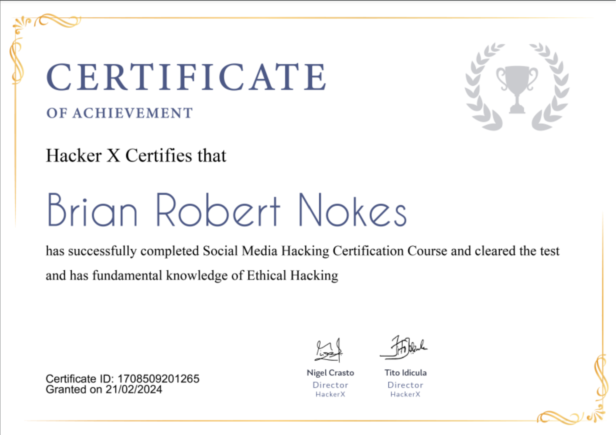 Cert_BrianNokes HackerX Social Media Hacking Certification Course