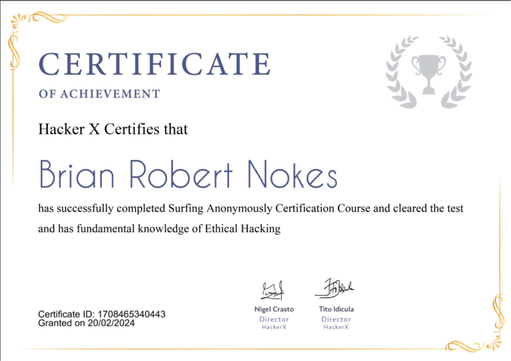 Cert_BrianNokes HackerX Surfing Anonymously Certification Course