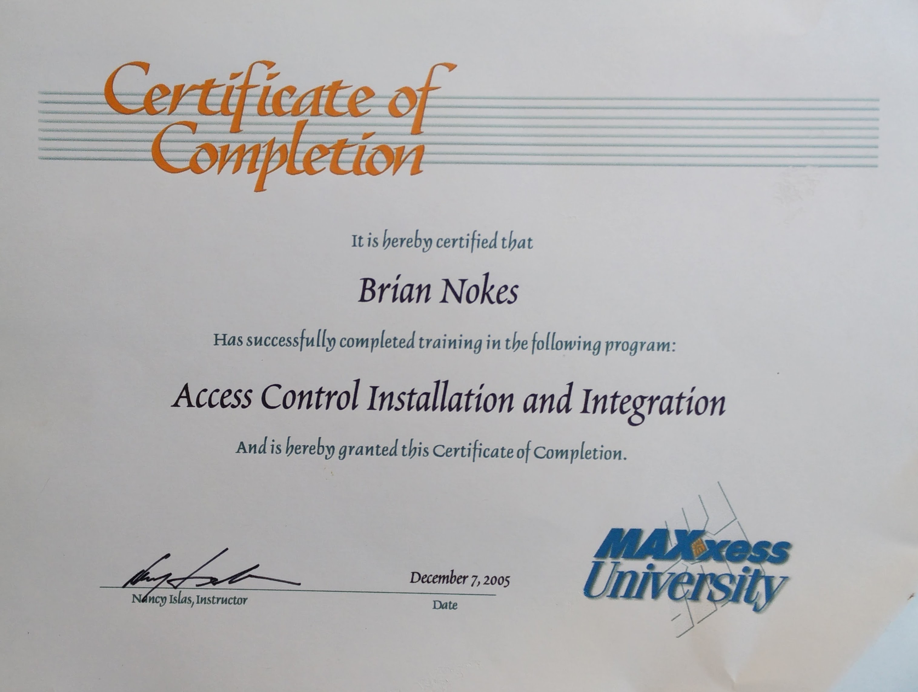 Cert_BrianNokes MAXxess University Access Control Installation and Integration