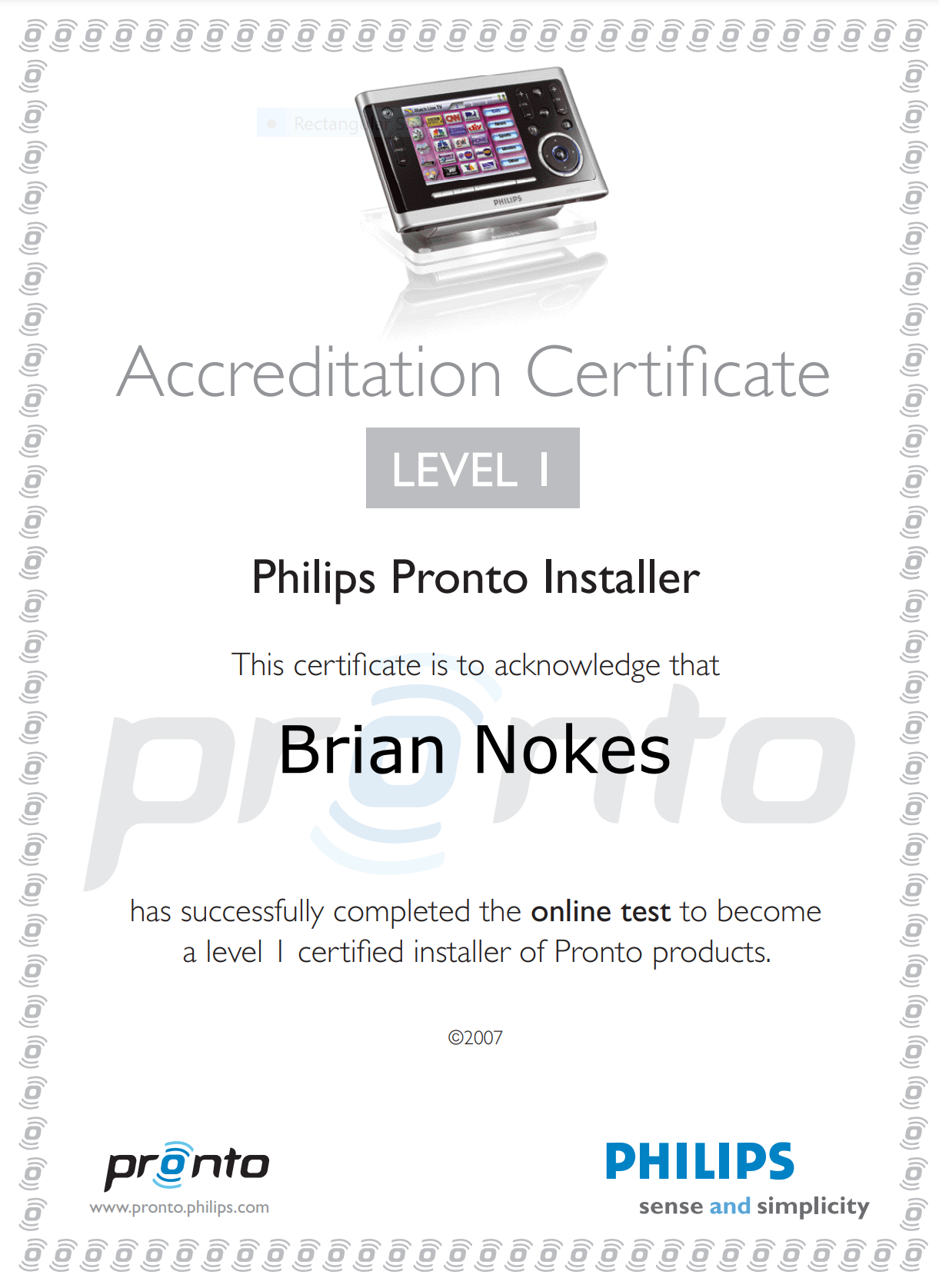 Cert_BrianNokes Philips Pronto Installer Accreditation Certificate Level 1