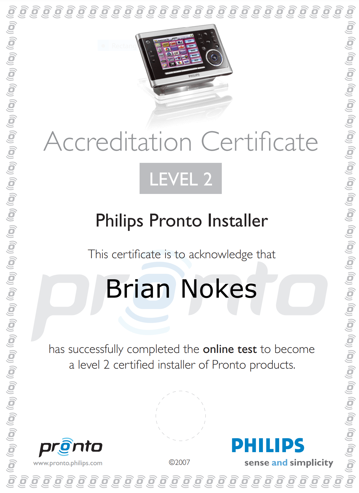 Cert_BrianNokes Philips Pronto Installer Accreditation Certificate Level 2