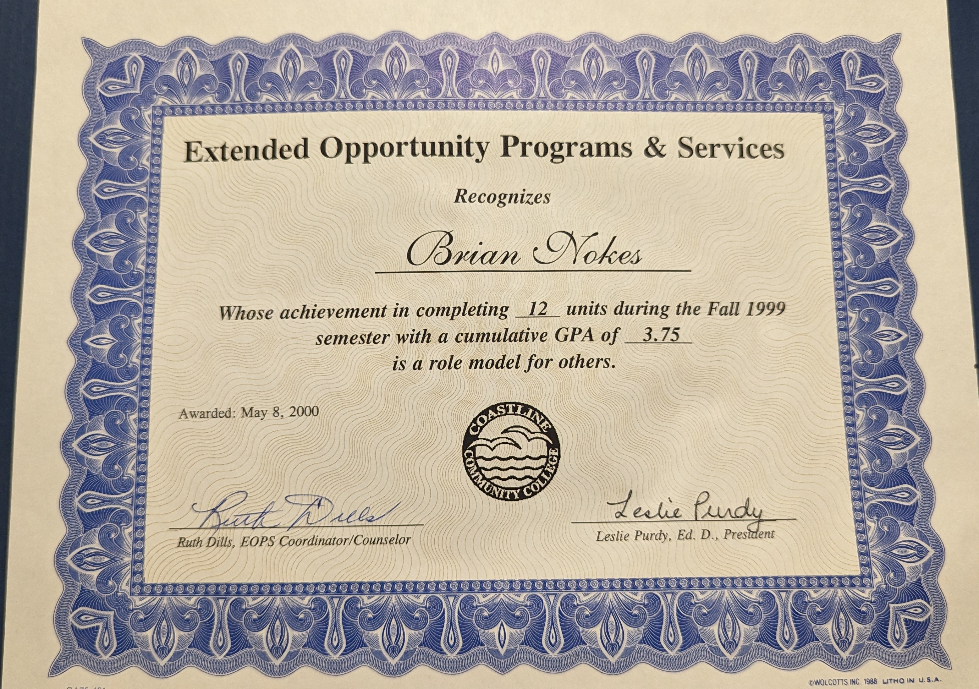 Cert_BrianNokes Extended Oppport unity Programs Services GPA 3.75 Fall 1999