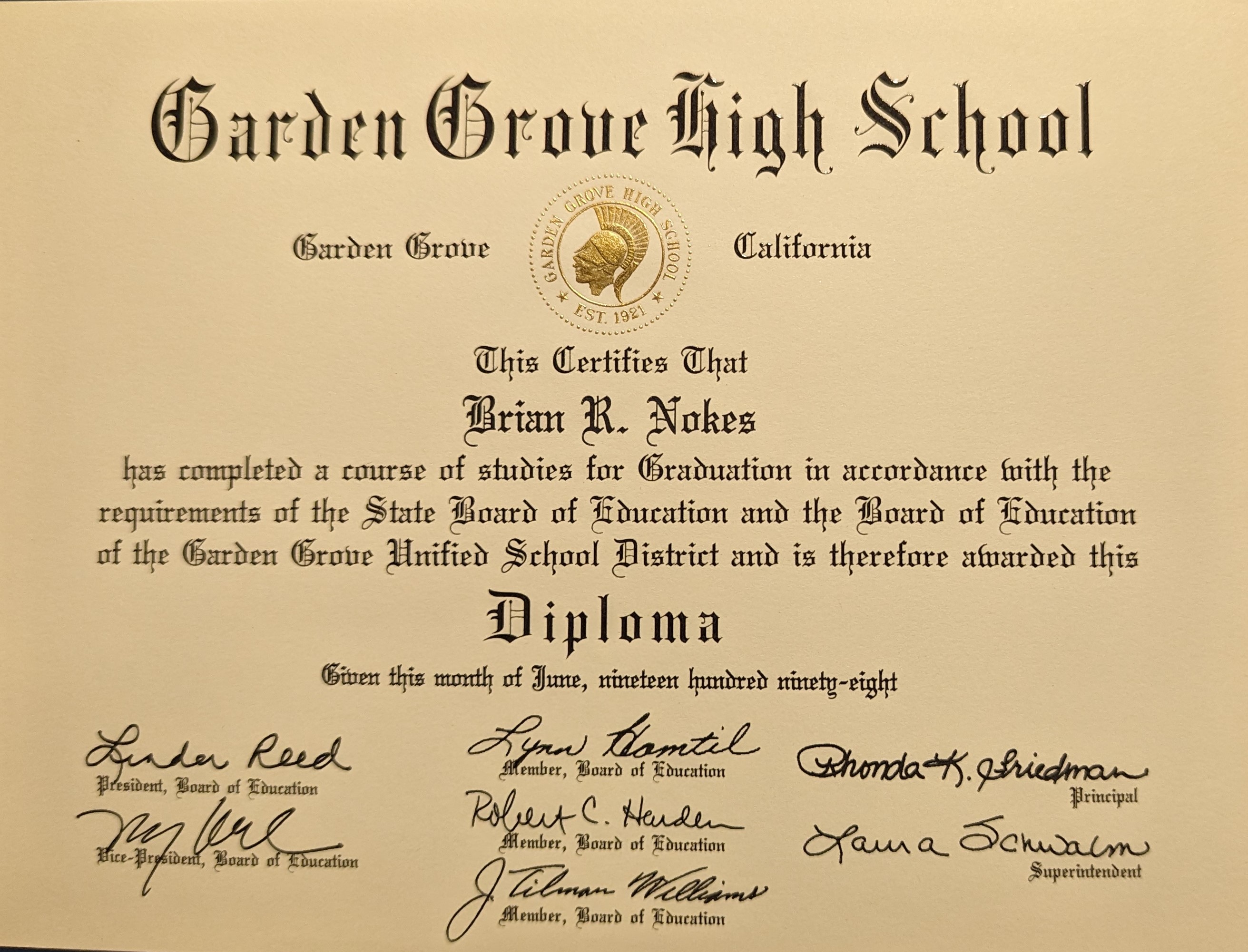 Cert_BrianNokes Garden Grove High School Diploma 1998