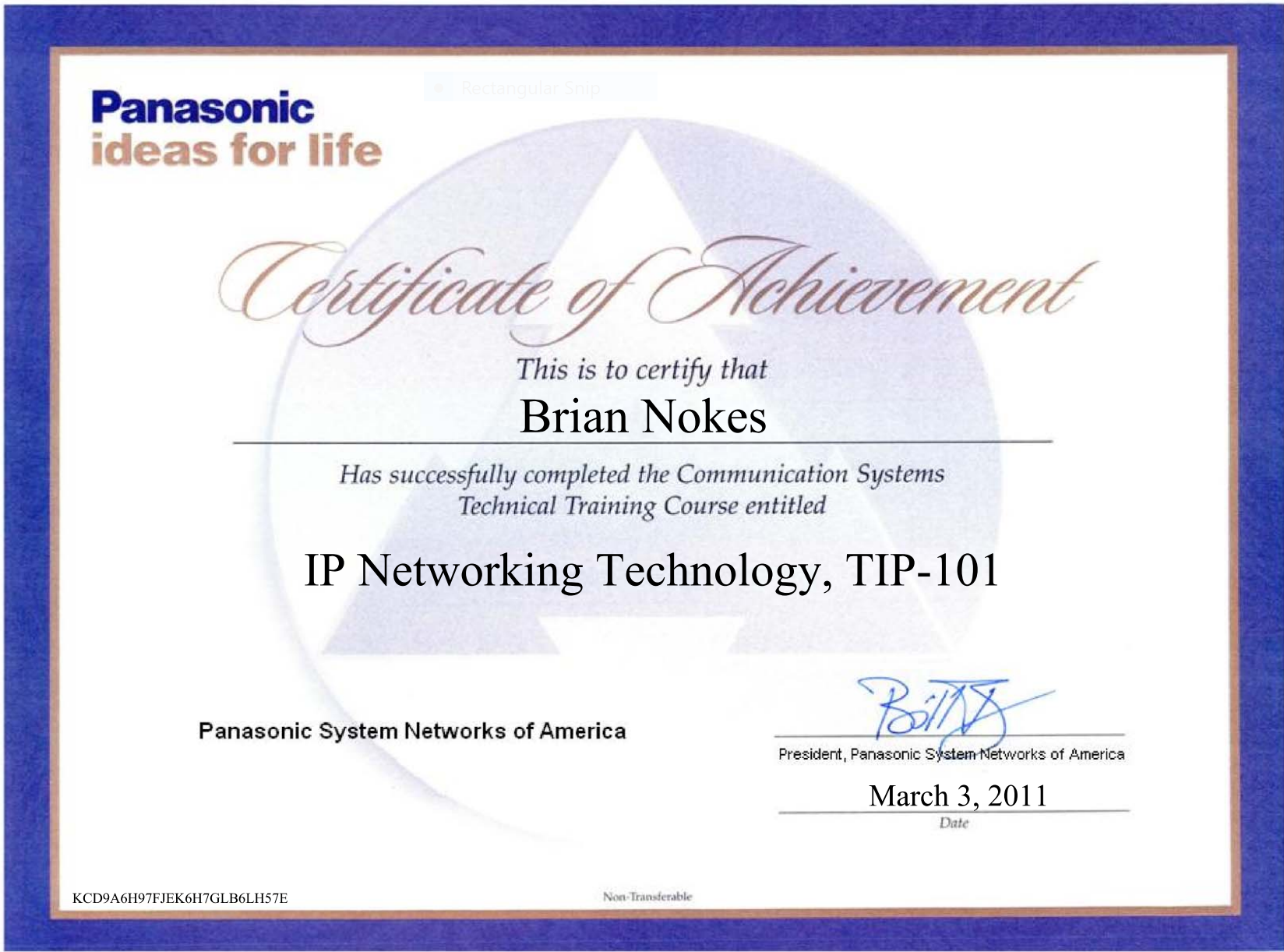 Cert_BrianNokes Panasonic TDA50G IP Networking Technology TIP 101