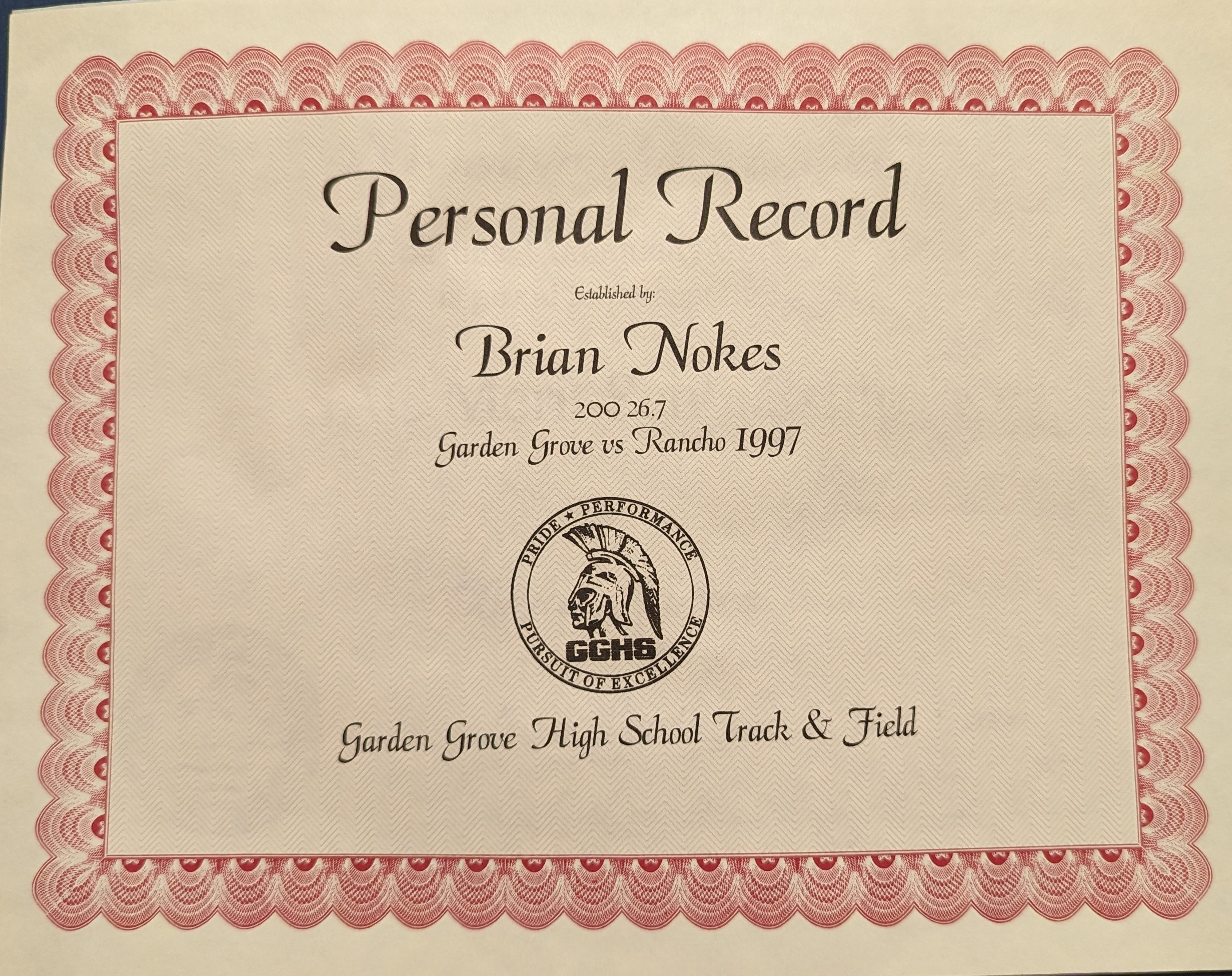 Cert_BrianNokes Personal Record Garden Grove Vs Rancho 1997